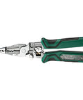 Premium Rigid Solid Steel Wire Stripper Tool With Built In Voltage Tester, 8.7 inch heavy duty pliers with green rubber grips.