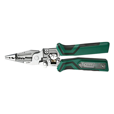 Premium Rigid Solid Steel Wire Stripper Tool With Built In Voltage Tester, 8.7 inch heavy duty pliers with green rubber grips.