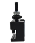 Side view of One Piece Quick Change Turning And Facing CNC Tool Post Holder OXA 250 002 for lathe, heavy-duty steel, precision aligned.