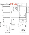 Technical diagram of 12 Volt DC General Purpose Power Relay 30 Amp 4 Pin With Quick Connect Terminals; dimensions and pin configuration shown.