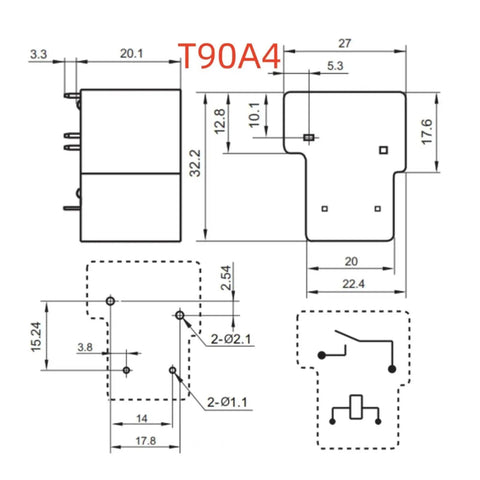 Technical diagram of 12 Volt DC General Purpose Power Relay 30 Amp 4 Pin With Quick Connect Terminals; dimensions and pin configuration shown.