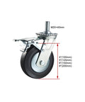 Heavy Duty Eight Inch PU Swivel Wheels With No Fuss Brakes And Built Different Durability M20 Threaded Stem shown with dimensions.