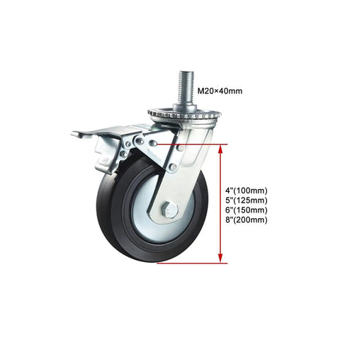 Heavy Duty Eight Inch PU Swivel Wheels With No Fuss Brakes And Built Different Durability M20 Threaded Stem shown with dimensions.