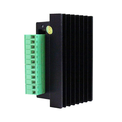 TB6600 stepper motor driver side view with green terminal block and black finned heatsink, single-axis CNC controller