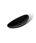 Modern Trough Vessel Bathroom Sink With Asymmetrical Oval Basin Double Faucet Ready Wall Mount Or Countertop Setup, gloss black finish.