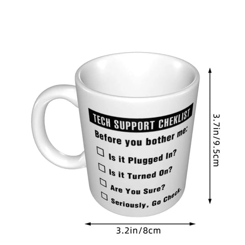 Funny Tech Support Checklist Coffee Mug for Help Desk Heroes, ceramic 11oz cup with printed checklist design, side view.