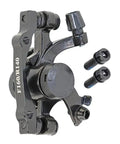 Solid Mechanical Disc Brake Kit With Killer Stopping Power Front 160 Millimeter Rear 140 Millimeter Clean Black Finish For Mountain Bikes Roll Smooth Daily close-up of black brake caliper and bolts.
