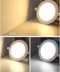 ELUKHT Recessed Lighting Housing Trim Kits Commercial Round White Ultra-Thin LED Recessed Downlight showing 3000K, 4000K, 6000K light options.