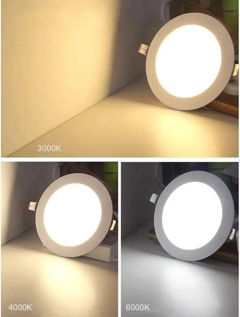 ELUKHT Recessed Lighting Housing Trim Kits Commercial Round White Ultra-Thin LED Recessed Downlight showing 3000K, 4000K, 6000K light options.