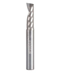Yonico solid carbide single-flute upcut end mill router bit, front view, 1/4 in diameter, 1/4 in shank.