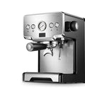 Electric Coffee Machine Milk Frother And Cappuccino Maker With Removable Tank Stainless Steel Safety Valve Easy Drip Tray Smart Panel side view