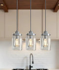 Lit Clear Ceiling Fan Glass Shade 3 Pack Kit, Cylindrical Jar-Style, kitchen lighting, no bulbs included, installed view
