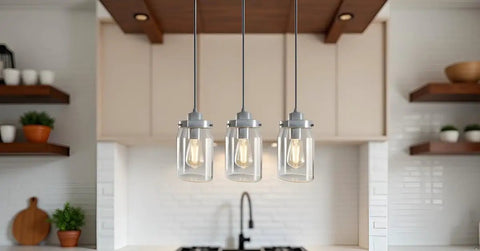 Lit Clear Ceiling Fan Glass Shade 3 Pack Kit, Cylindrical Jar-Style, kitchen lighting, no bulbs included, installed view