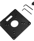 Black aluminum insert plate from Six Piece Aluminum Alloy Milling Flip Board Inset Plate Kit For Router Tables And Trimming Machines.