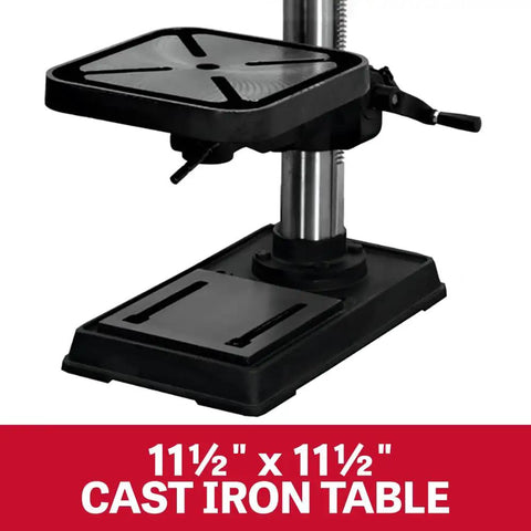 Killer 15 Inch Benchtop Drill Press With 16 Speed Settings And A Beefy 3/4 Hp Motor featuring a sturdy cast iron table for stability.