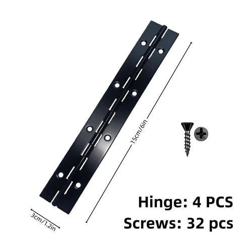 Rugged Black Stainless Steel Piano Hinges Six Inch Continuous Door Strips With Pre Drilled Mounting Slots, four metal strips with screws.