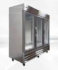 Heavy Duty Commercial Freezer Three Glass Doors Rugged Stainless Steel Exterior Rock Solid Workhorse Featuring Nine Shelves Nsf Certified 65 Cubic Feet Frozen Storage Unit with clear glass front.