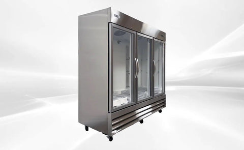 Heavy Duty Commercial Freezer Three Glass Doors Rugged Stainless Steel Exterior Rock Solid Workhorse Featuring Nine Shelves Nsf Certified 65 Cubic Feet Frozen Storage Unit with clear glass front.