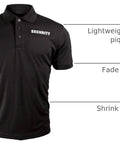 Mens Short Sleeve Security Polo Shirt Black with SECURITY logo, lightweight 4.2 oz piqué fabric, fade and shrink resistant.