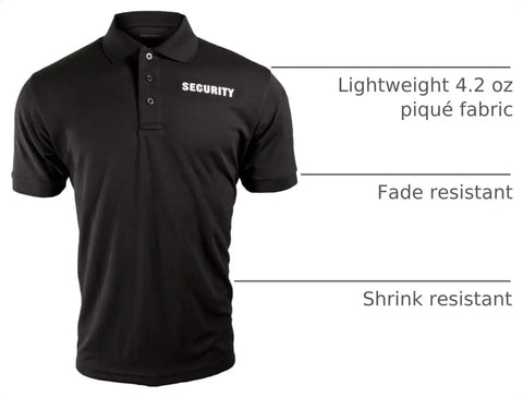 Mens Short Sleeve Security Polo Shirt Black with SECURITY logo, lightweight 4.2 oz piqué fabric, fade and shrink resistant.