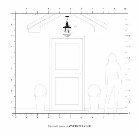 Diagram of Monterey 1-Light Outdoor Hanging Lantern in Brushed Nickel, showing dimensions above a porch door.