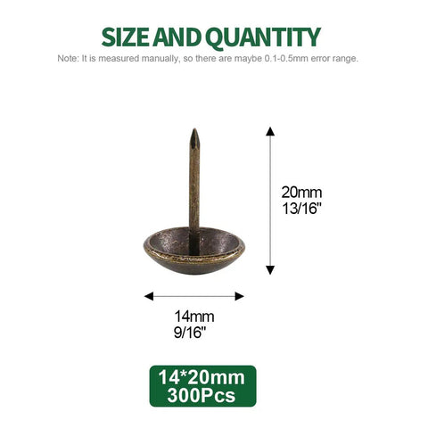 300 Piece Antique Bronze Upholstery Tacks 9/16 Inch Round Head Furniture Nails with 13/16 inch shank for DIY crafting.