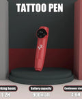 Wireless Tattoo Pen Kit For Beginners With 10 Needles And 7 Inks, red cordless pen on display with battery specs