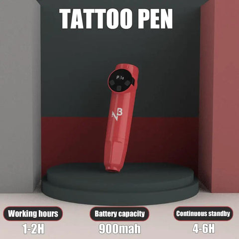 Wireless Tattoo Pen Kit For Beginners With 10 Needles And 7 Inks, red cordless pen on display with battery specs