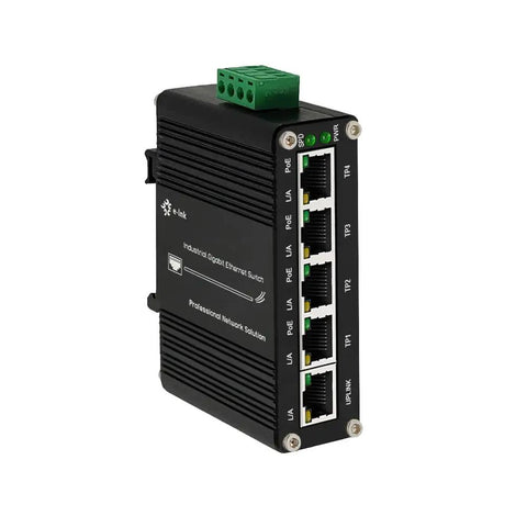 Rugged Beefed-Up 5 Port Gigabit PoE Switch With 802.3at, RJ45 Ethernet Ports, front view, showing 5 Ethernet ports and DIN rail mount.