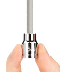 Close-up of 3/8 Inch Drive Hex Socket Set with long metric hex bit, chrome steel, ideal for auto, home, and garage projects.