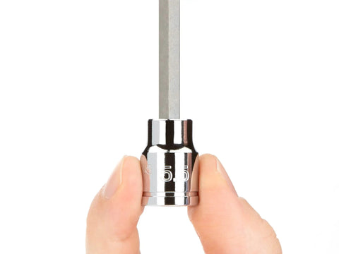 Close-up of 3/8 Inch Drive Hex Socket Set with long metric hex bit, chrome steel, ideal for auto, home, and garage projects.