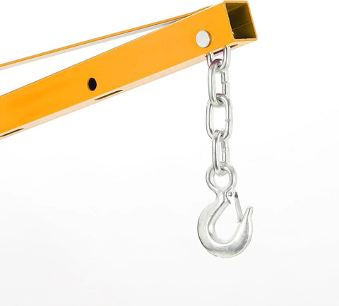Close-up of 1000 Lb Hydraulic Truck Bed Crane with 360 Degree Swivel Hitch, highlighting the metal hook and yellow adjustable boom.