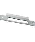 Universal 4 7/8 Inch Latch Strike Plate Backplate Kit In Iron With Brushed Zinc Finish And Screws Built Tough For Silver Door Latch Plate And Stainless Steel Guide Plate Easy Install And Home Security Upgrade displayed at an angle showing its shape and size.