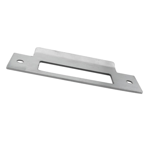 Universal 4 7/8 Inch Latch Strike Plate Backplate Kit In Iron With Brushed Zinc Finish And Screws Built Tough For Silver Door Latch Plate And Stainless Steel Guide Plate Easy Install And Home Security Upgrade displayed at an angle showing its shape and size.