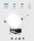 16 Pack 6 Inch Ultra Thin LED Recessed Ceiling Lights With Smooth Trim 5000K Daylight Dimmable 14W Equal 100W Wafer Thin Canless Design Junction Box Included IC Rated Safe For Insulation Sleek Low Profile Look shown with size and specs