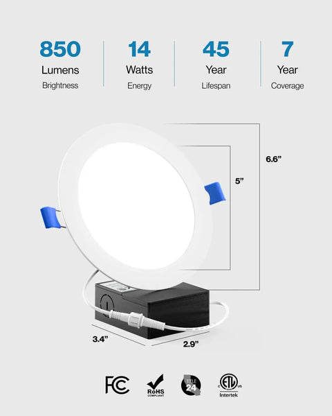 16 Pack 6 Inch Ultra Thin LED Recessed Ceiling Lights With Smooth Trim 5000K Daylight Dimmable 14W Equal 100W Wafer Thin Canless Design Junction Box Included IC Rated Safe For Insulation Sleek Low Profile Look shown with size and specs