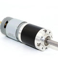 Heavy Duty PG28 Planetary Geared DC Motor With 24V Gearbox Reducer shown from side with metal casing and silver shaft.