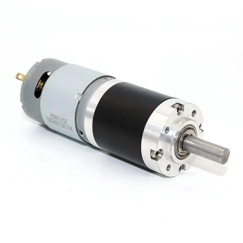 Heavy Duty PG28 Planetary Geared DC Motor With 24V Gearbox Reducer shown from side with metal casing and silver shaft.