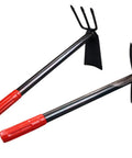 Two Pack Hand Garden Tools Set Dual Head Hoe And Cultivator Combo Carbon Steel Hand Tillers Digger Pick Mattock For Weeding Loose Soil And Lawn Care Perfect For Outdoor Garden Tasks, showing both tools with red handles and dual heads.