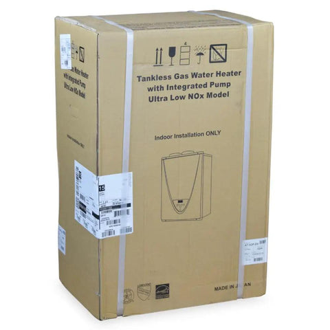Boxed Real Deal Natural Gas Tankless Water Heater With Badass 10 GPM Flow And 199000 BTU Powerplant for indoor installation.