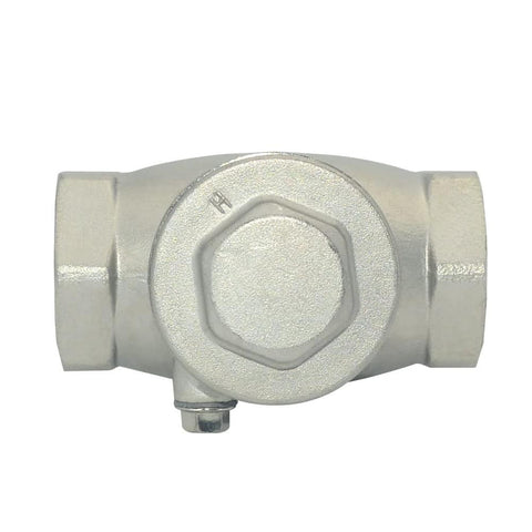 Front view of 1-inch stainless steel SS316 swing check valve, NPT female x female, CF8M, WOG 200 PSI.