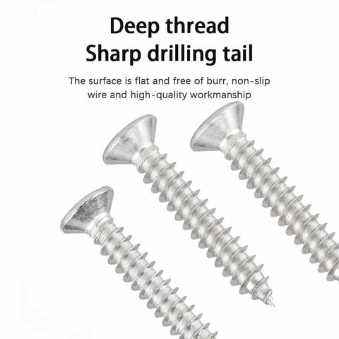 Close-up of Heavy Duty 304 Stainless Steel Wood And Metal Screw Kit with 450Pcs Self Tapping Phillips Countersunk Flat Head Screws
