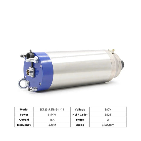 5.5KW Water Cooled Spindle Motor With ER25 Collet, 5.5KW power, operates at 24000RPM, shown with detailed specifications.
