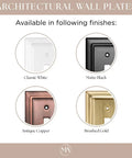 Architectural wall plates in classic white, matte black, antique copper, and brushed gold finishes displayed.