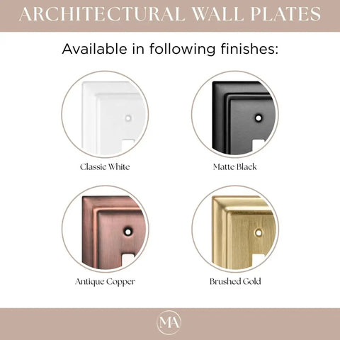 Architectural wall plates in classic white, matte black, antique copper, and brushed gold finishes displayed.