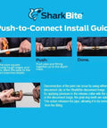 SharkBite Push to Connect install guide with steps for cutting, pushing, and disconnecting pipe joints.