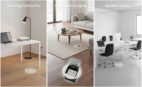 20 Amp Six Gang Recessed Floor Outlet Stainless Steel Round Power Socket Kit with Splash Proof Cover in a modern office and home settings.