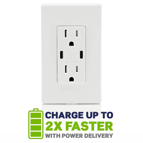 Dual USB-C PD In-Wall Charger With 30W Total Power, Type-C/C Fast Charging, 15A Tamper-Resistant Outlet, White T5635-W