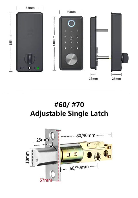 Slick Smart Lock Electronic Deadbolt with App Key Digital Entry and Fingerprint Tech, side view with dimensions.