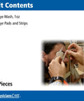 PhysiciansCare eye wash kit, 3 pieces: 1 oz eye wash, oval eye pads and adhesive strips; person applying pad to eye.
